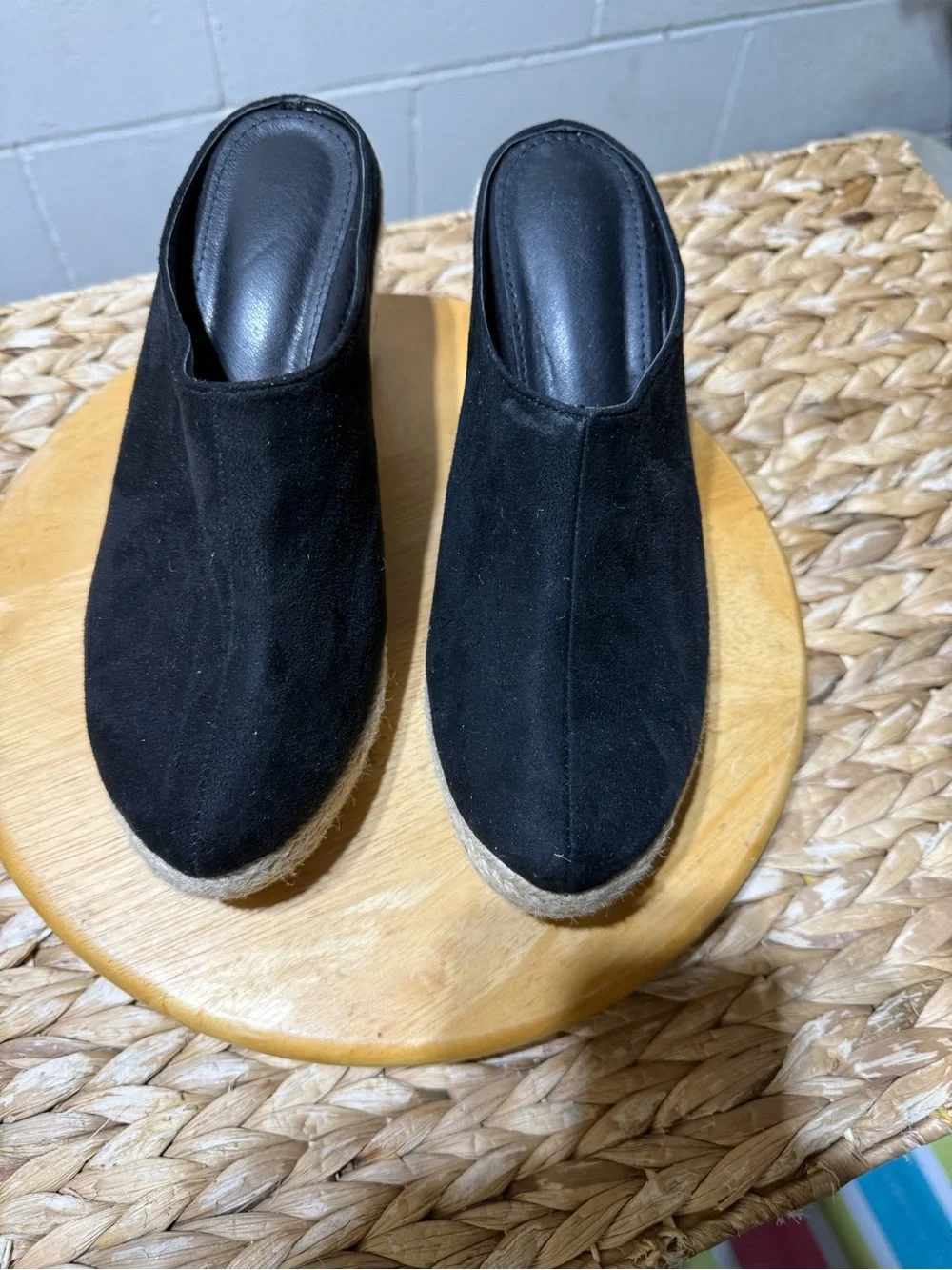 Black Suede Espadrille Mule Heels